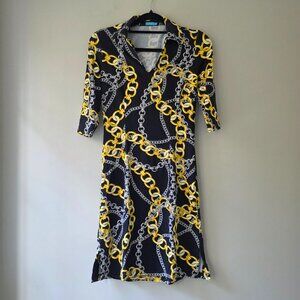 J. McLaughlin Chain Link Print Dress | XS | Stretch 3/4 Sleeves Collar V Neck